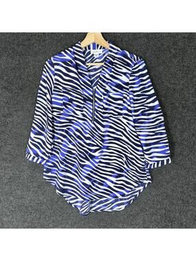 Jaclyn Smith Blouse Women S Small Blue Animal Print V-Neck Zipper Long Sleeve